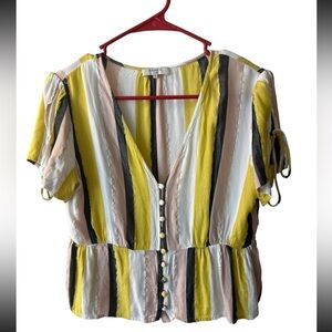 M Pink & Yellow Stripe Frnch Paris Button Blouse Womens Top